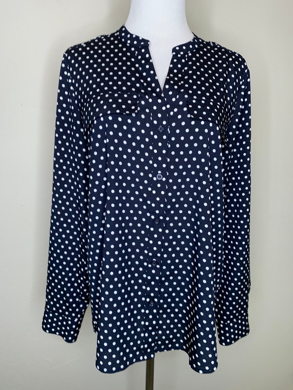 Calvin Klein Blue White Polka Dot Blouse Sz Medium